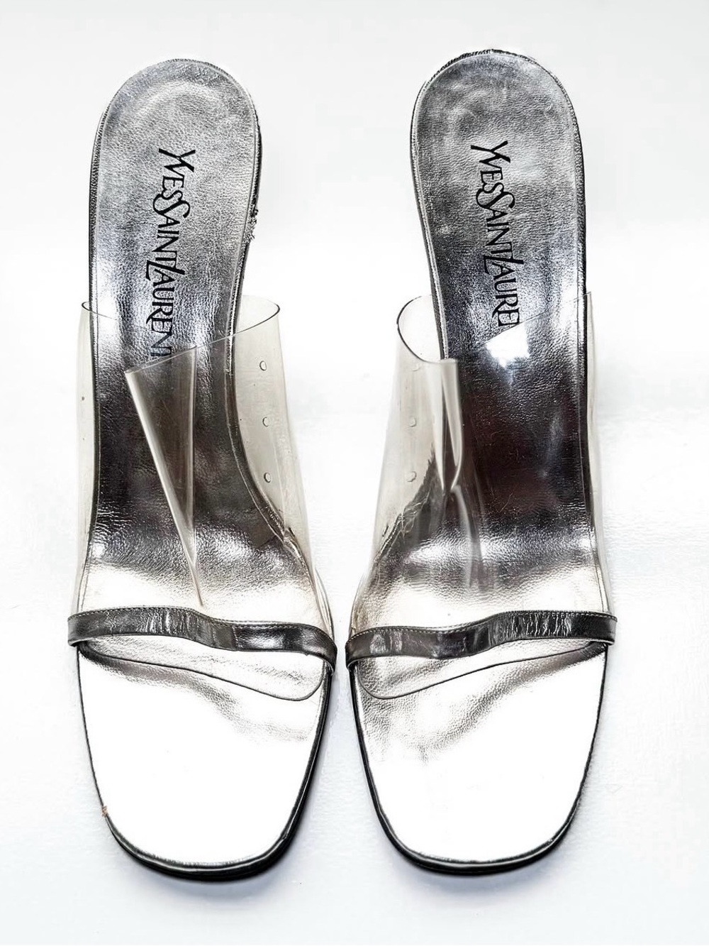 vintage Yves Saint Laurent silver and clear lucite mules with mirror finish